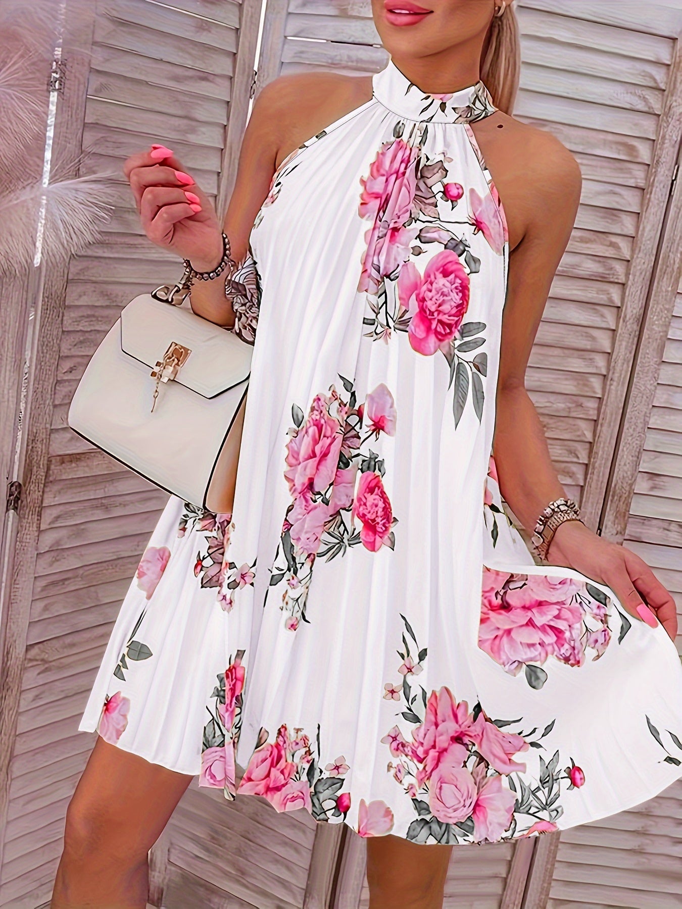 Spring-Summer Chic Choker Style Dress - Sleeveless, Floral Elegance, Women’s Perfect Sundress